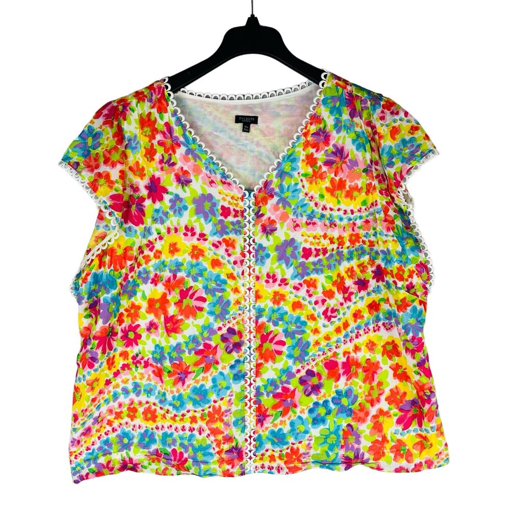 Talbots Womans Sz 3XP Petite Plus Shirt Floral Cap Sleeve V Neck Lined Cotton